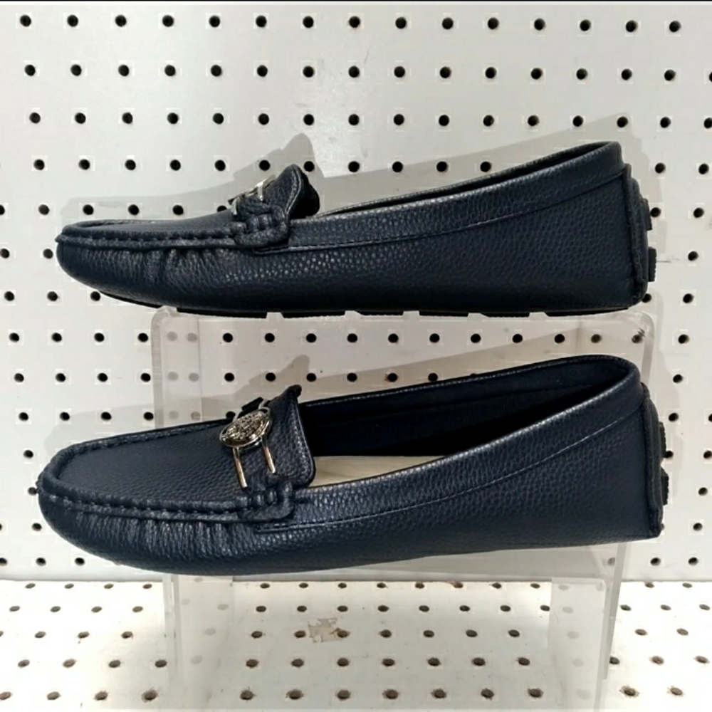 ANNE KLEIN Women's Navy Shoes Logo Flat Heel Comfort Memory Foam Penny Slip-on